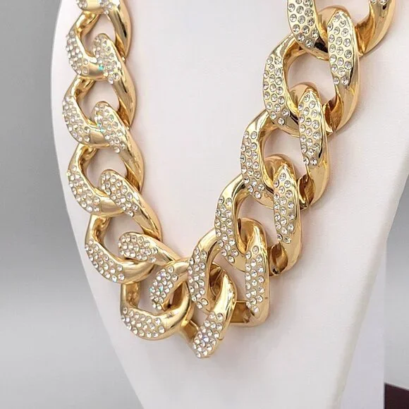 Gold Tone Linking Chain Rhinestone Studded Bib Necklace Collar Length Chunky - Picture 4 of 8
